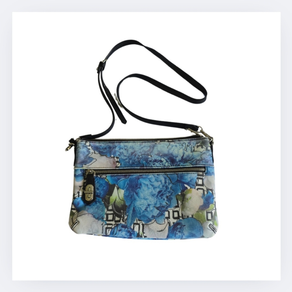 REED Krakoff Crossbody Faux  Leather Blue Floral Shoulder Purse, Clutch